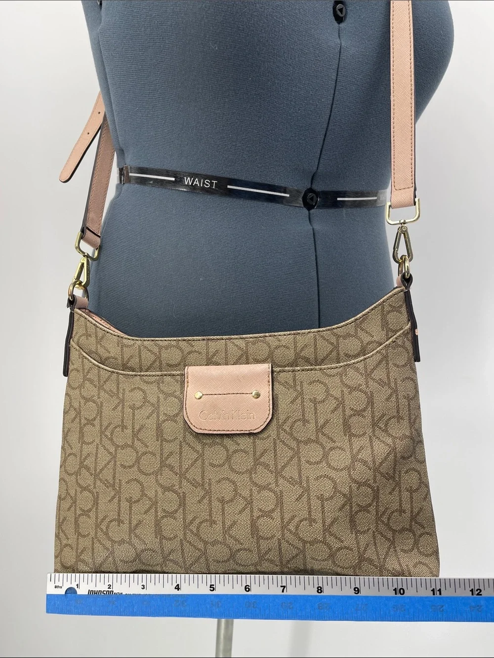 Calvin Klein Beige Monogram Crossbody with Pink Trim